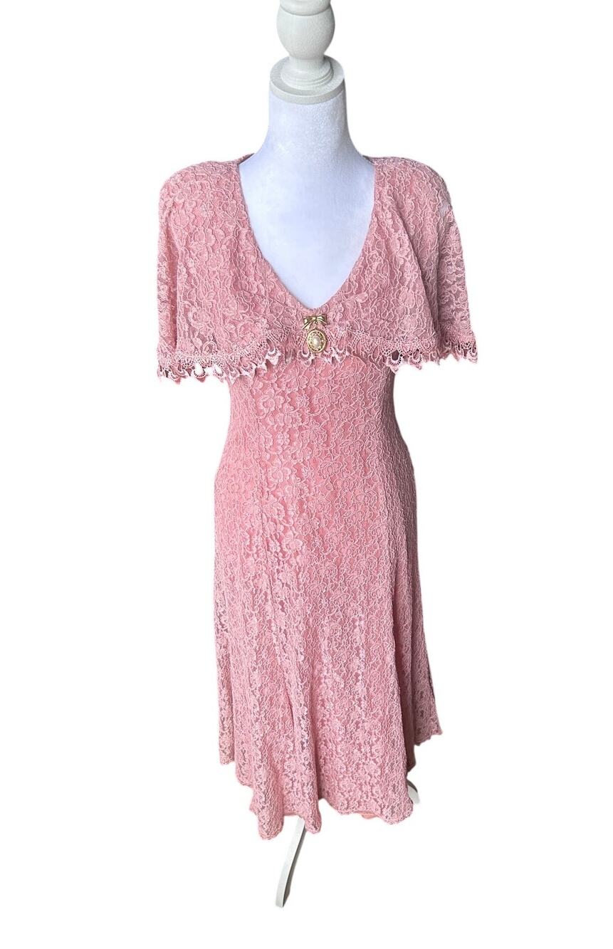 Vintage Cachet by Bari Protas Pink Lace Midi Dress Cape Collar USA Made 7/8